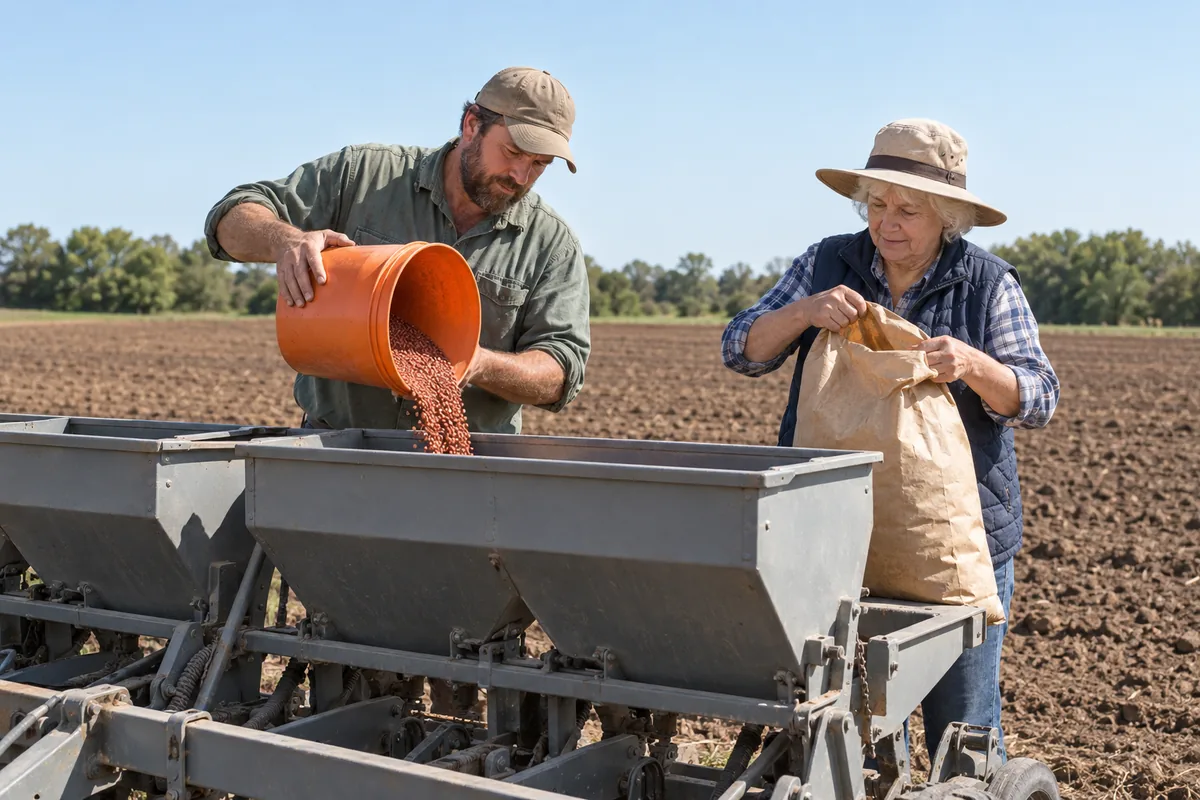A farmer tipping seed from an orange bucket into a planter hopper at a field edge while a woman opens a paper seed sack