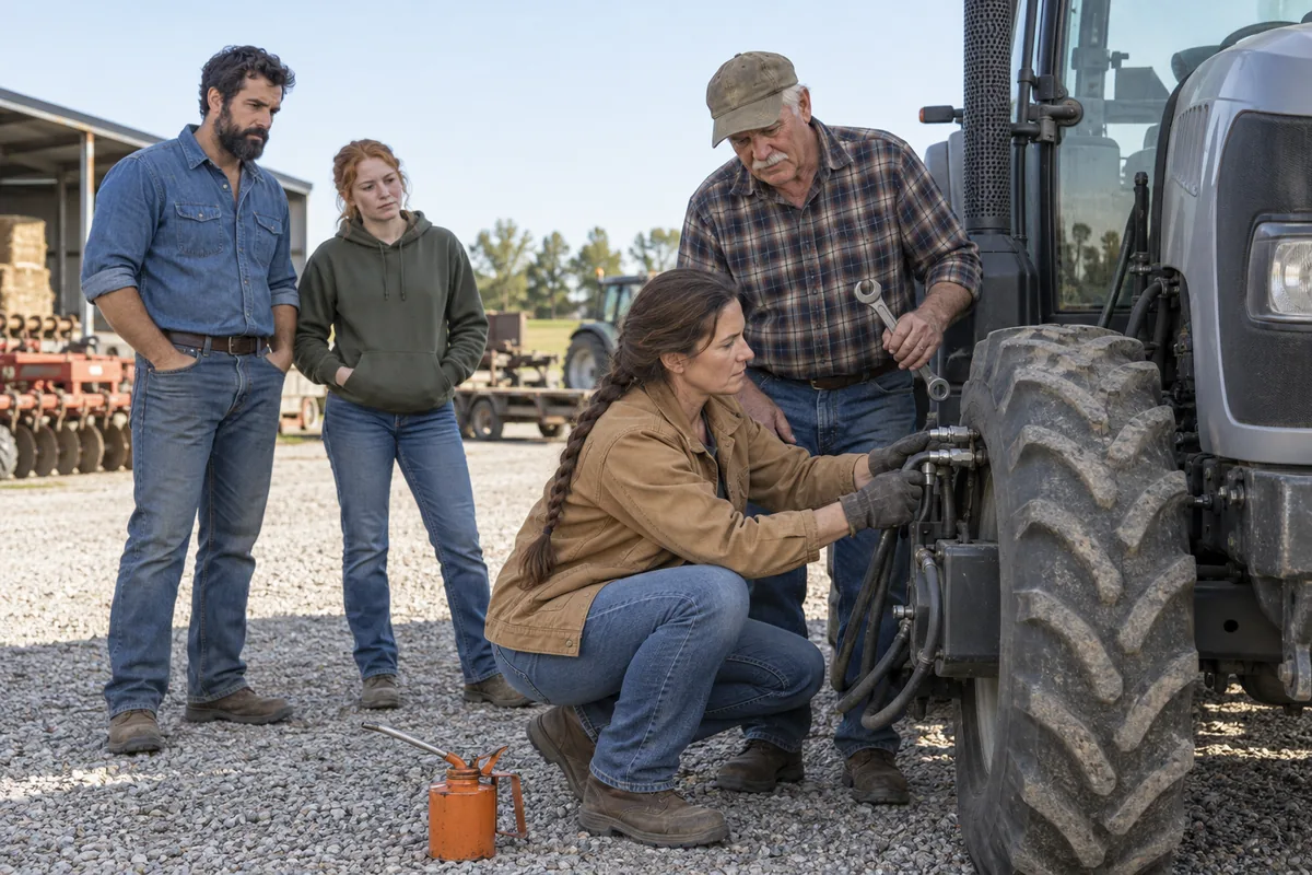 A woman checking a hose on a grey tractor while a man in a plaid shirt holds a wrench and two others look on in an equipment yard