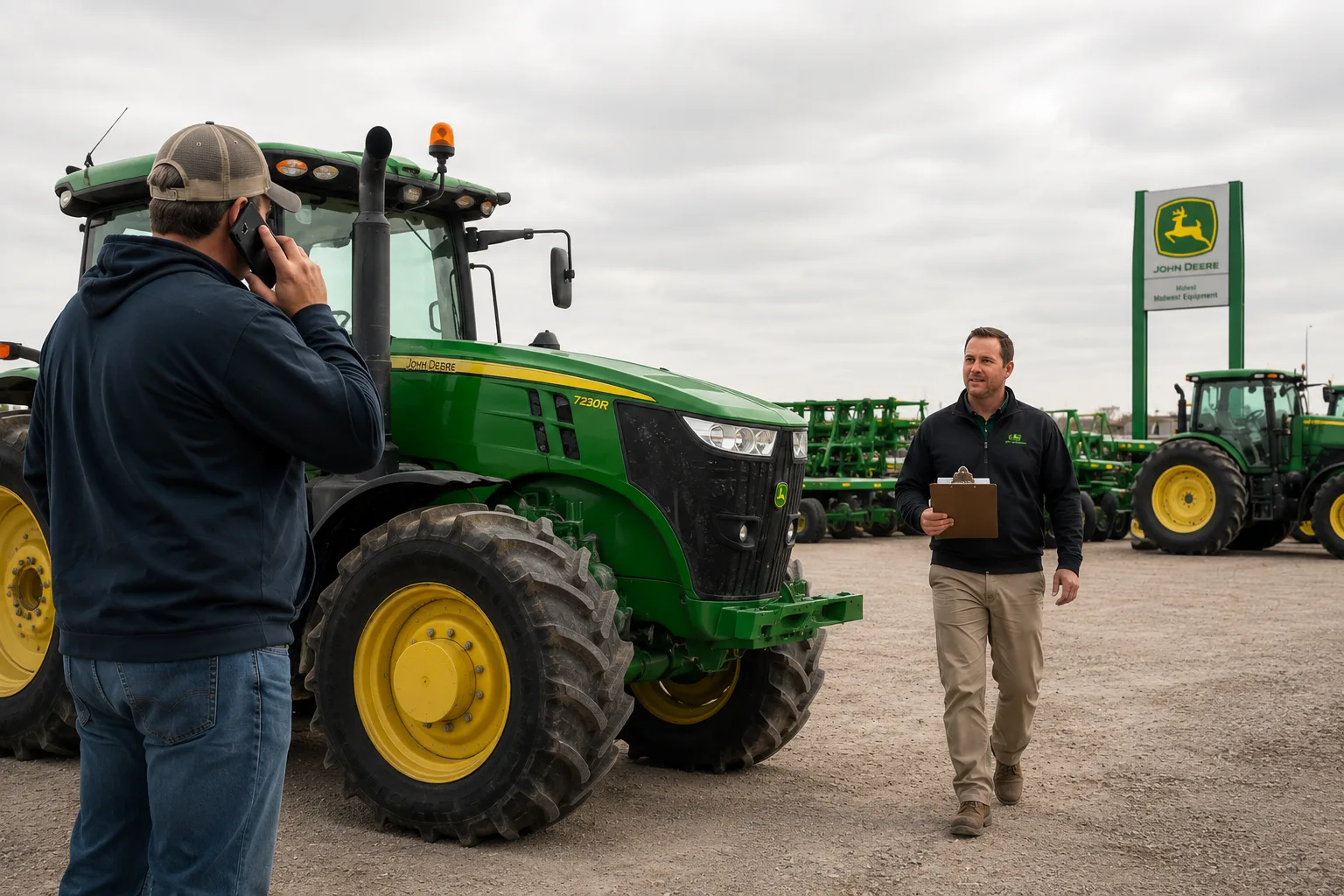 Farm equipment dealership lot near Fargo with a buyer on the phone, the high-value searches local SEO in Fargo, North Dakota captures