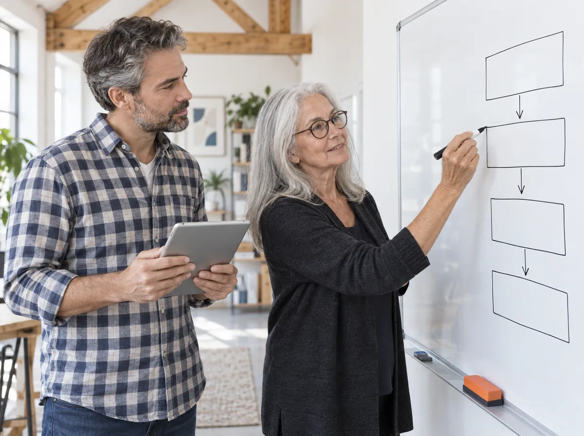 A woman drawing four stacked boxes joined by arrows on a whiteboard while a man beside her holds a tablet