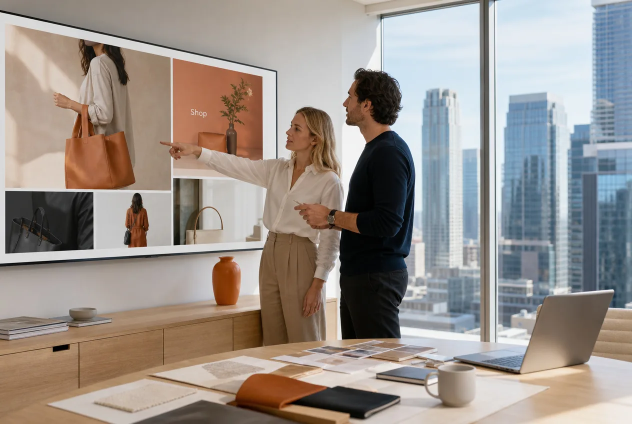 Two people reviewing a new website layout on a wall-mounted screen in a bright downtown office overlooking a city skyline.