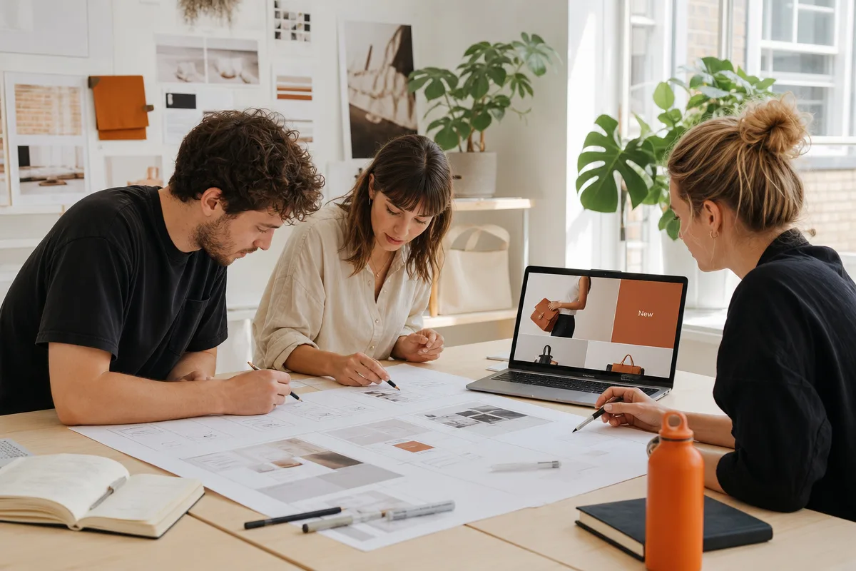 Three people sketching website wireframes on large paper sheets around a studio table, with a laptop showing a store layout.