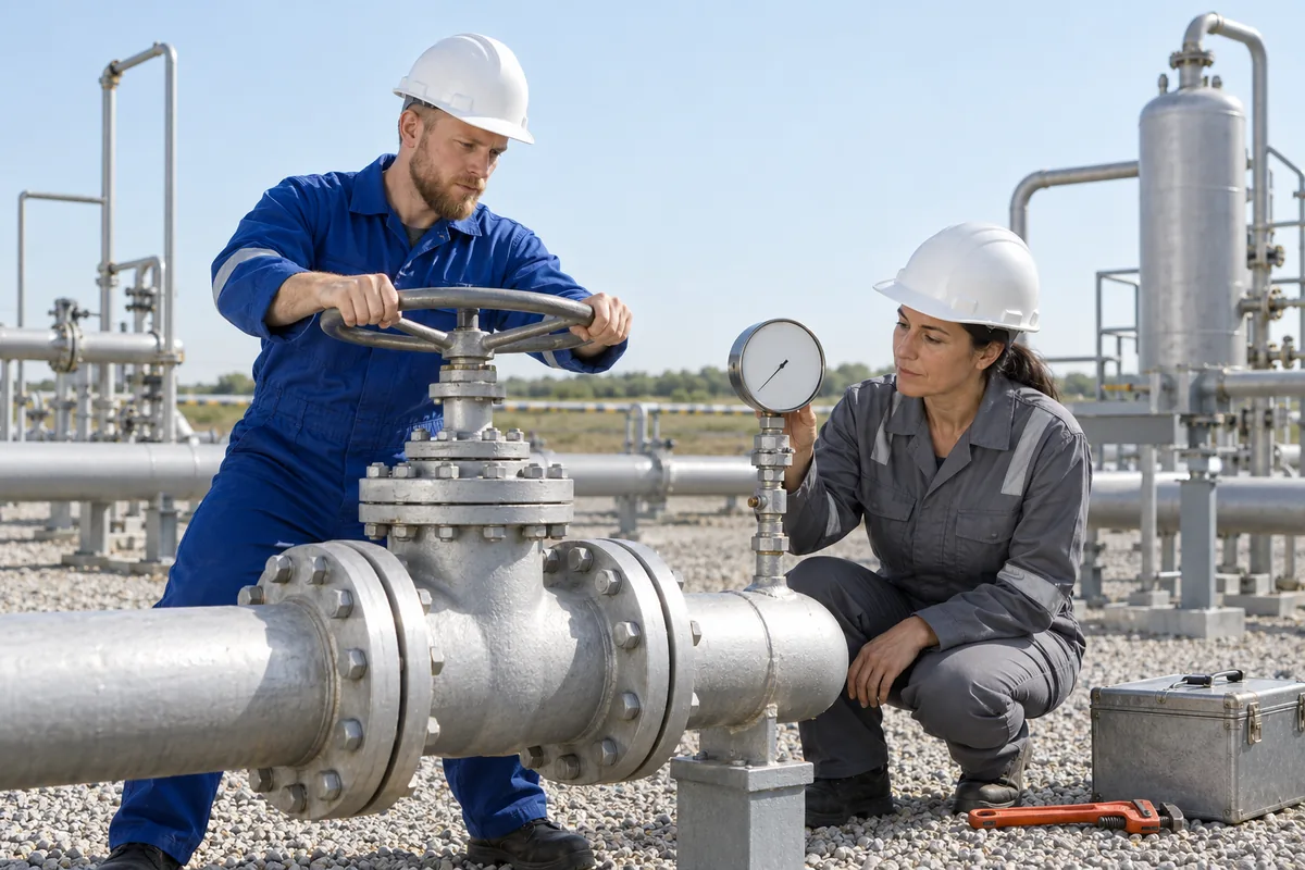 Two technicians in hard hats and coveralls at an outdoor pipeline, one turning a steel valve wheel and one checking a pressure gauge
