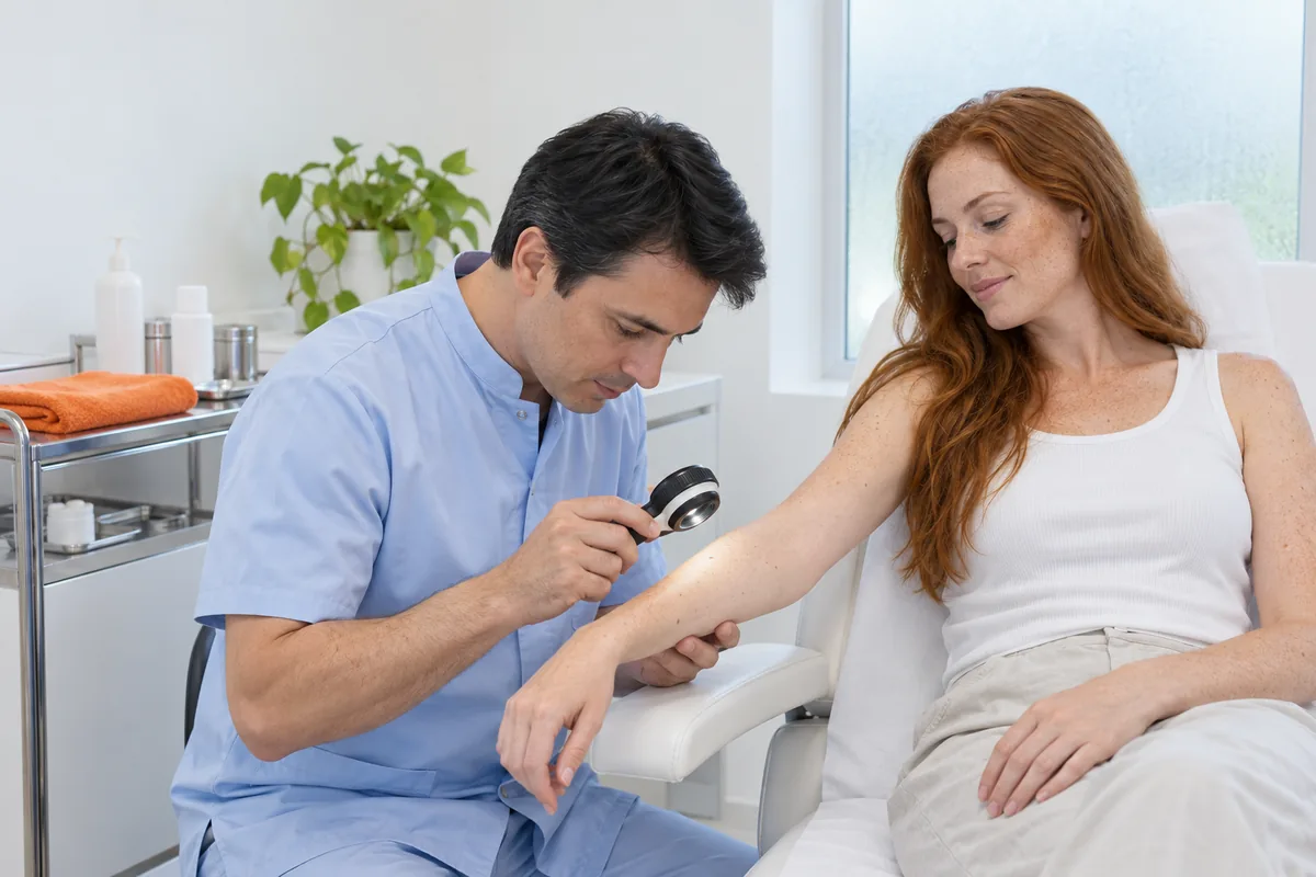 A dermatologist in a blue tunic examining the forearm of a red-haired woman with a handheld magnifier in a bright treatment room