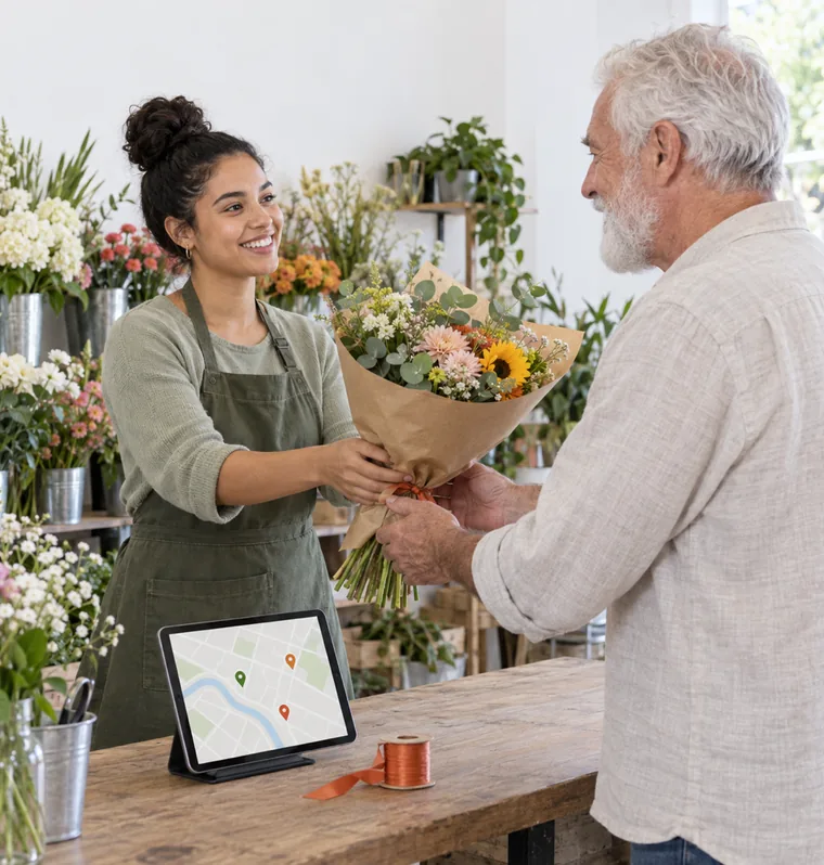 A florist handing a paper-wrapped bouquet across the counter to an older man, beside a tablet showing a pale map with three pins
