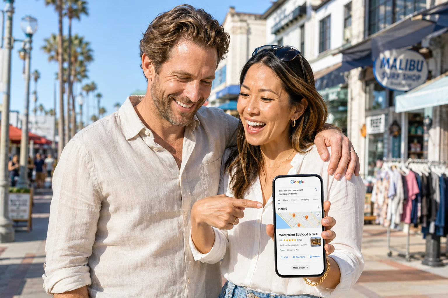 A Huntington Beach business owner reviewing local search performance across the Orange County market