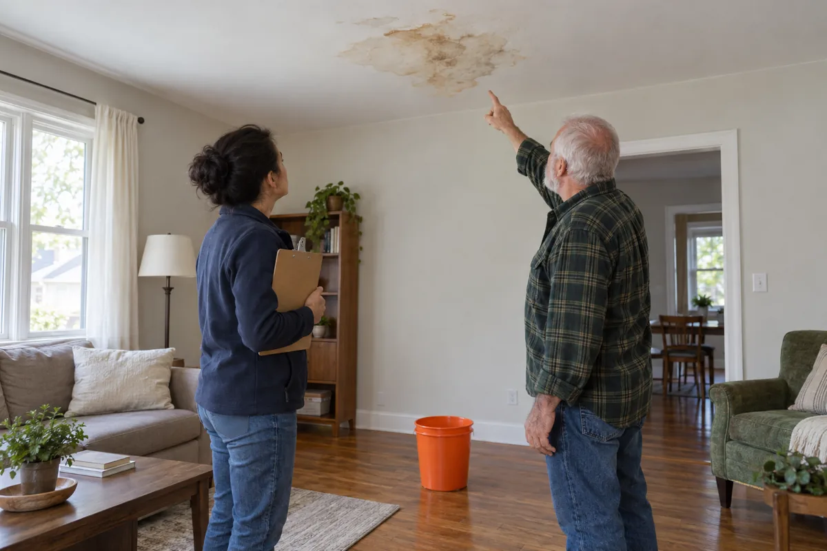 A woman in a navy fleece jacket holding a clipboard and a man in a green plaid shirt stand in a living room, and the man points up at a brown water stain on the ceiling above an orange bucket