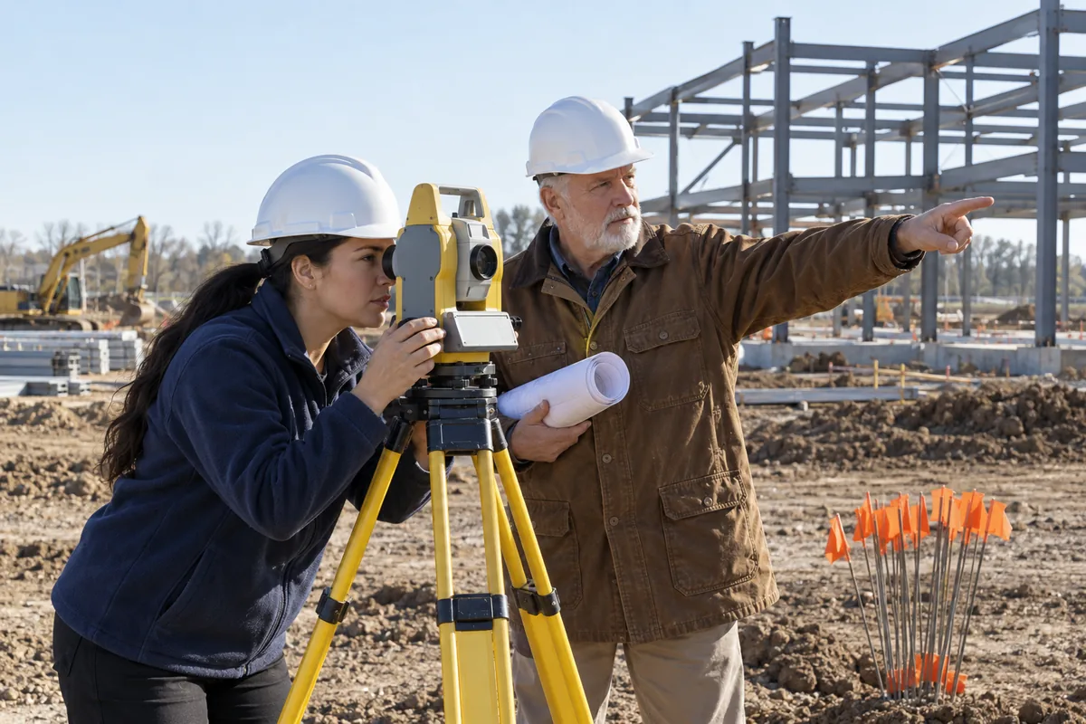 A surveyor looking through an instrument on a tripod while a site manager with a rolled drawing points across a cleared building plot
