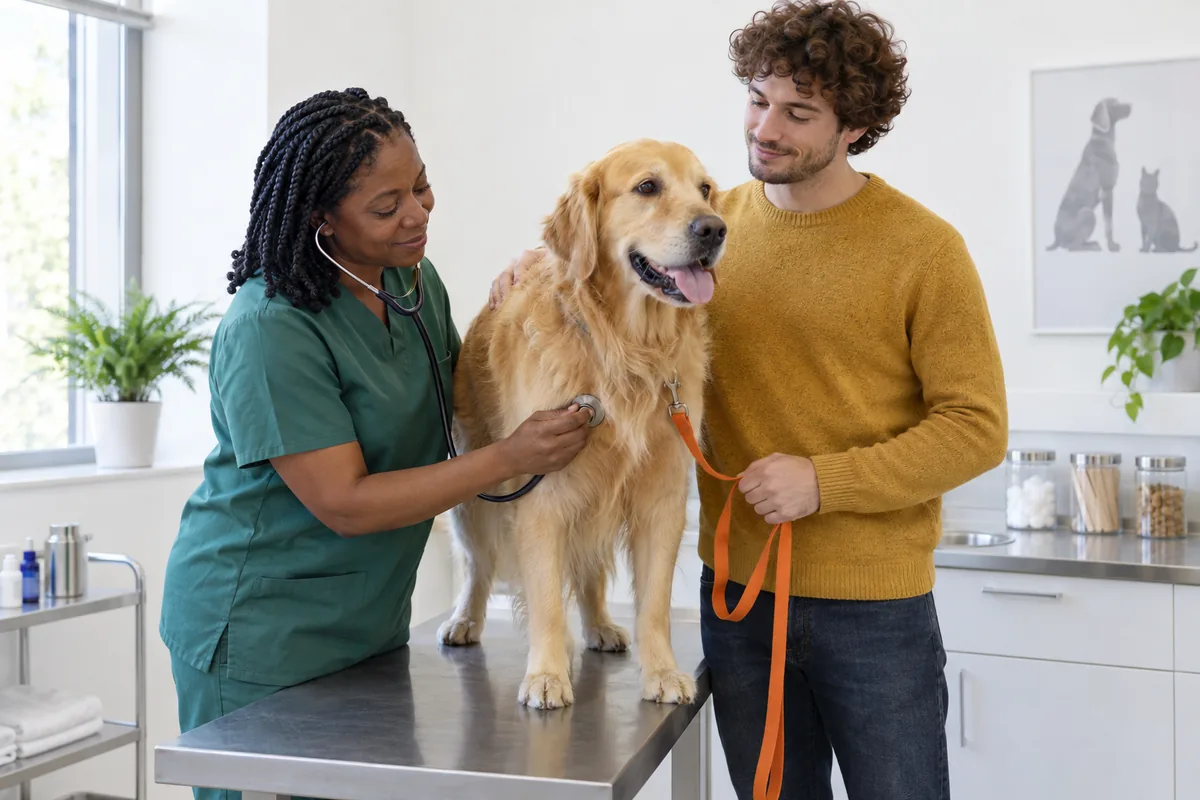 A vet in green scrubs listening to the chest of a golden retriever with a stethoscope while a young man holds the dog on an exam table