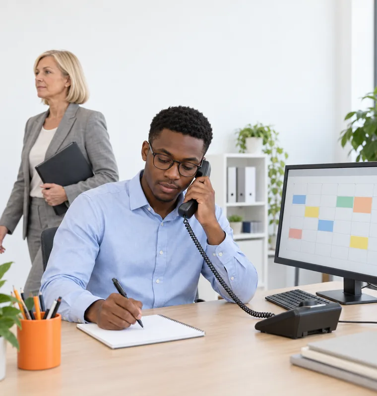 A man at a front desk answering a phone and writing on a notepad beside a monitor showing a calendar grid while a woman walks past with a folder