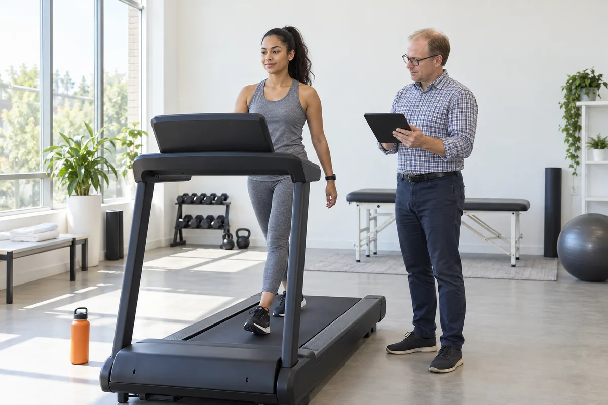 A woman walking on a treadmill wearing a wrist sensor band while an engineer in a checked shirt stands beside her holding a tablet