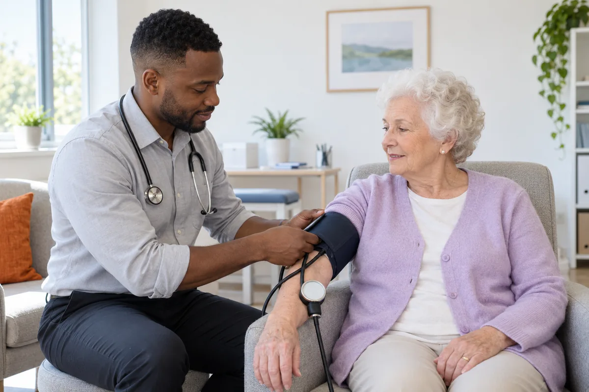 A doctor wrapping a blood pressure cuff around the arm of an older woman in a lilac cardigan seated in an armchair in a bright room