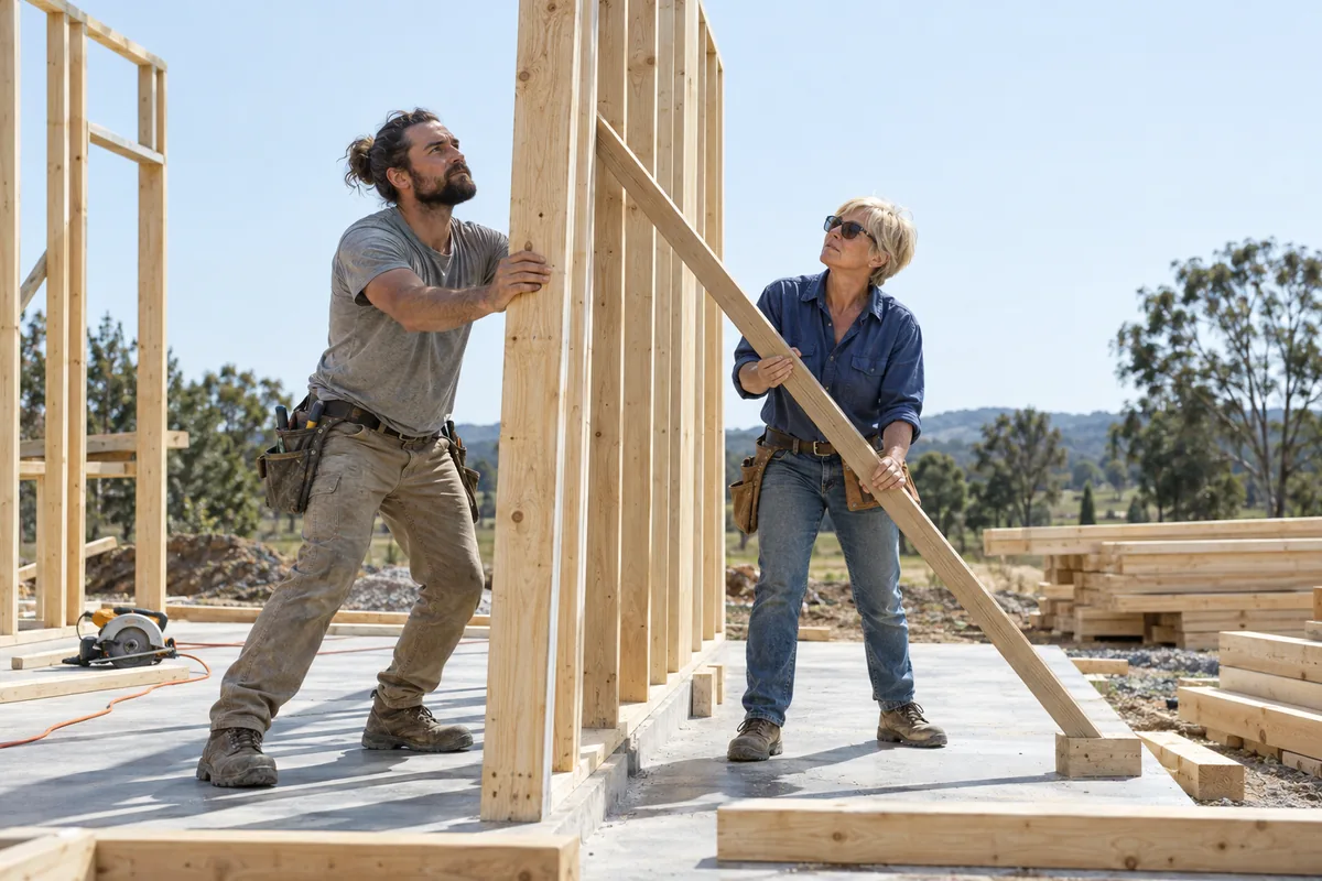 Two carpenters lifting a timber wall frame upright on a concrete slab at a house building site, an orange extension cable on the ground
