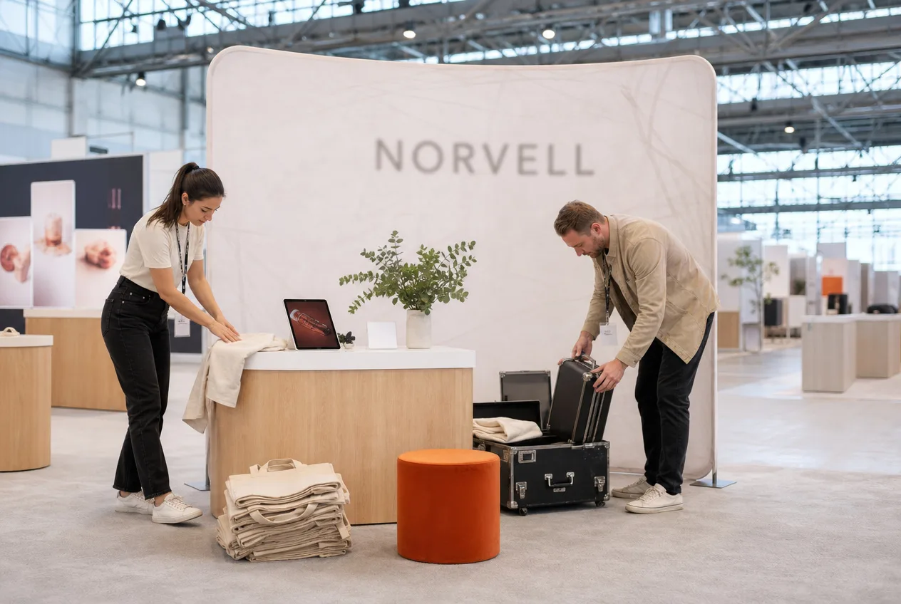 Two exhibition staff setting up a trade show booth on the floor of a large bright Las Vegas convention hall