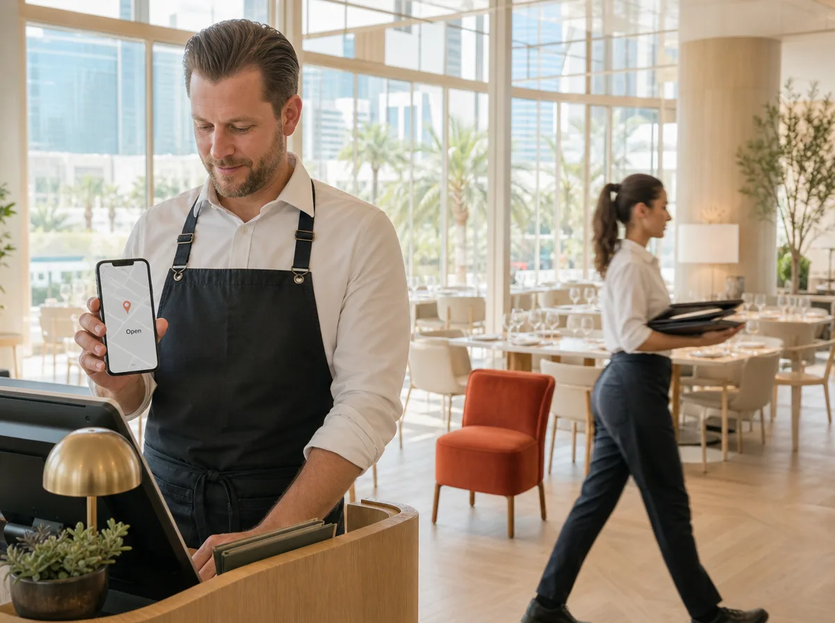 A restaurant manager in a Las Vegas dining room checking a map with a single location pin on his phone