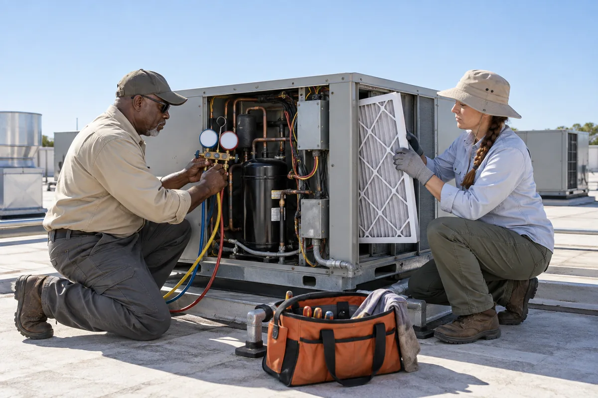 Two technicians servicing a large rooftop air conditioning unit, one connecting a gauge hose and one lifting out an air filter