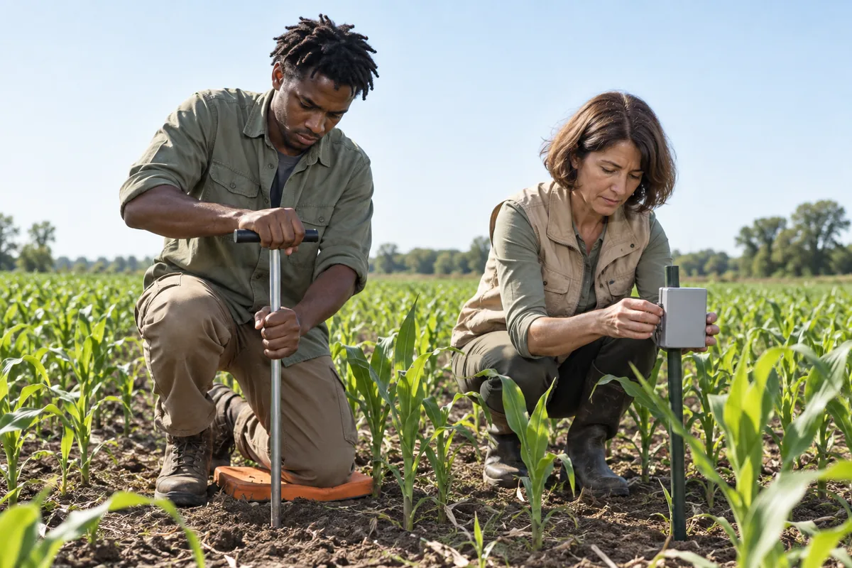 A researcher kneeling on an orange pad pushing a metal soil probe into the earth beside young corn plants while a woman fixes a sensor to a post