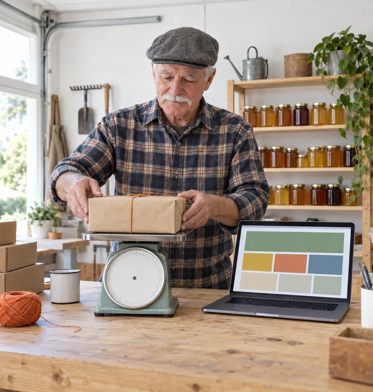 A man in a flannel shirt weighing a wrapped parcel on a small scale beside a laptop showing a shop page of coloured blocks