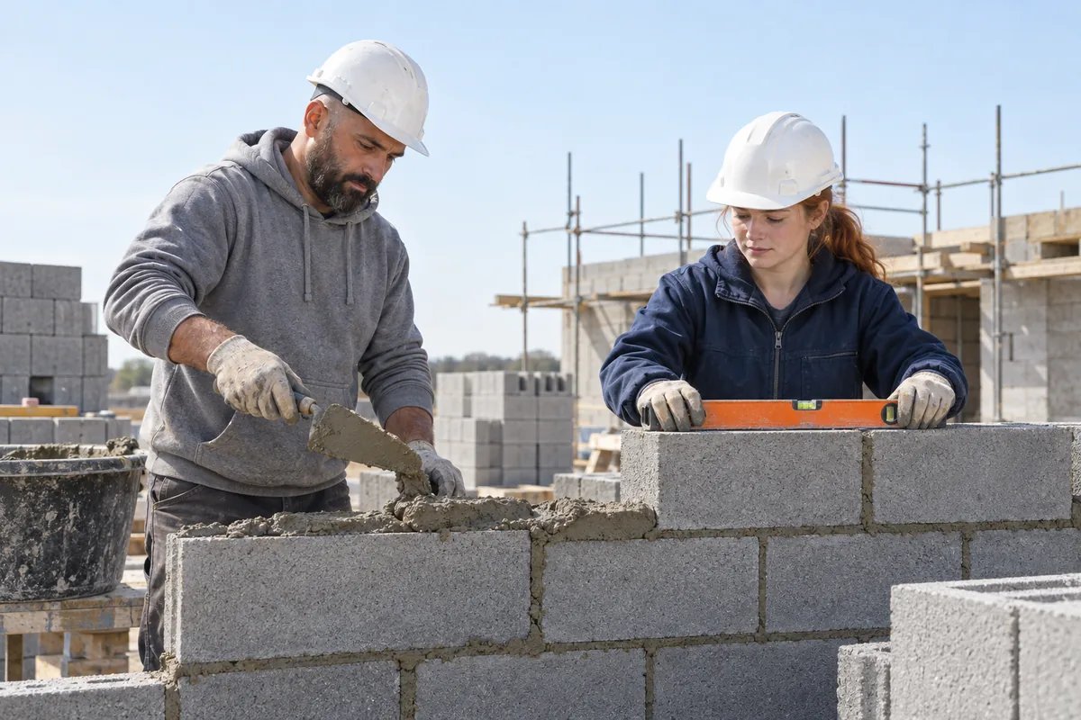 A mason spreading mortar on a concrete block wall while a woman in a white hard hat checks the top course with an orange spirit level