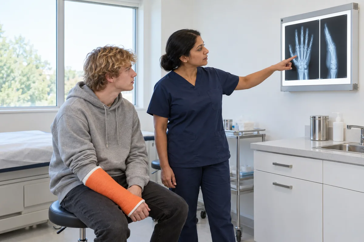 A surgeon in navy scrubs pointing at a hand X-ray on a wall lightbox while a young man with his forearm in an orange cast looks on