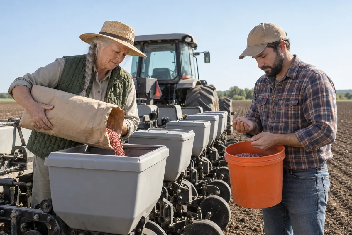 A grower in a straw hat pouring seed from a paper sack into a planter hopper while a man inspects a handful of seed from an orange bucket