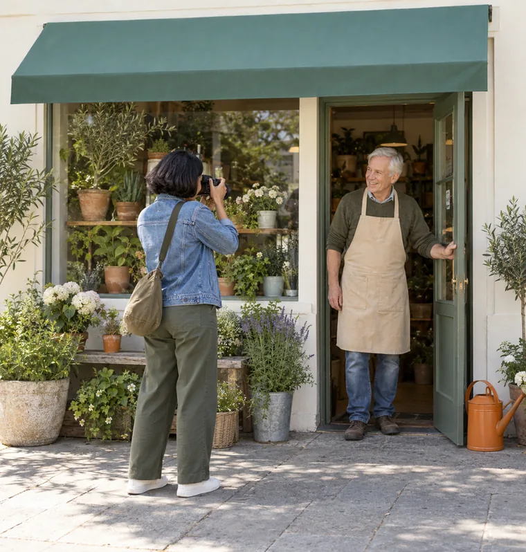 A woman photographing a small shop front with a camera while an older man in a work apron holds the door open under a green awning