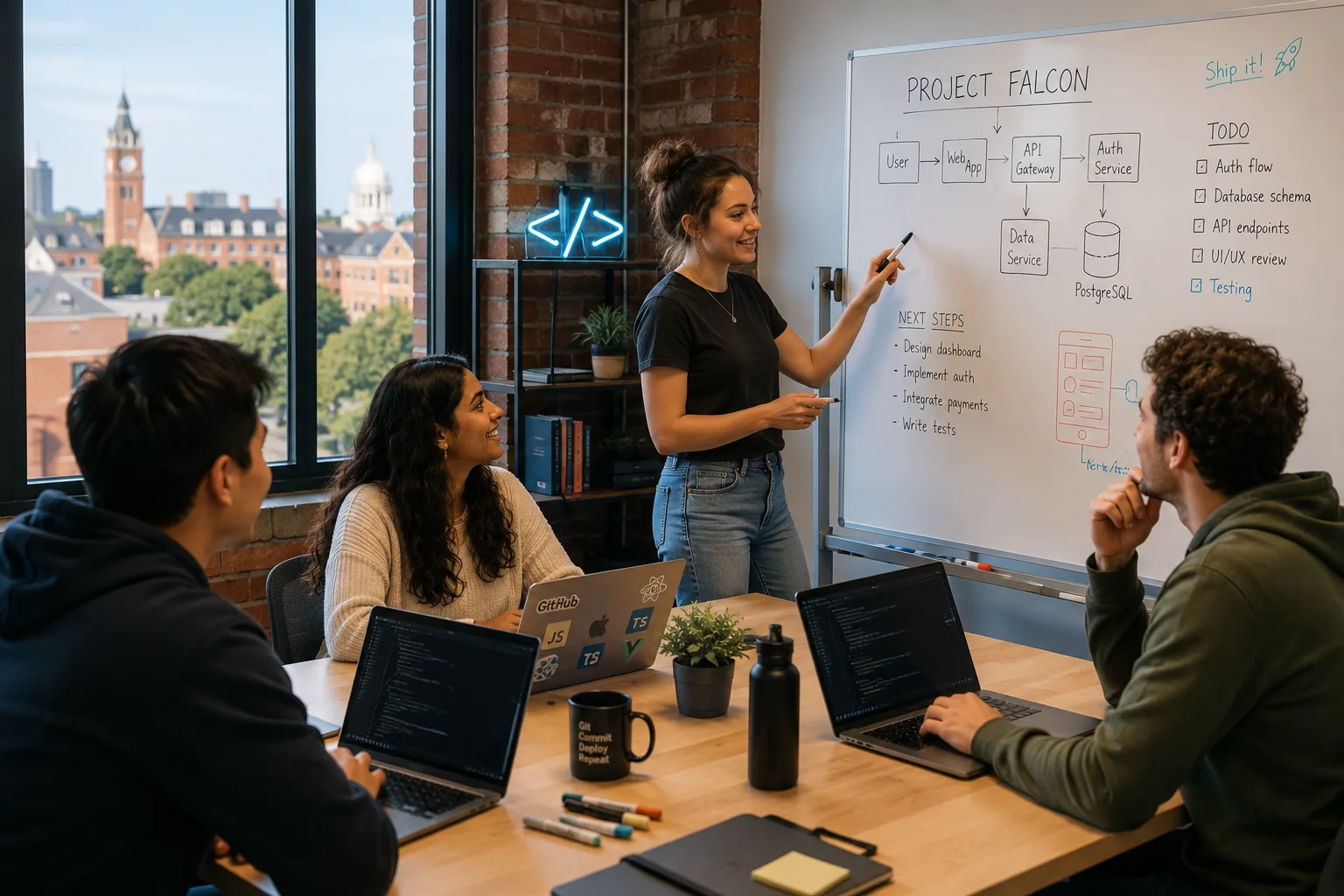 Young Lincoln SaaS team at a whiteboard near campus, the national lane of SEO in Lincoln, Nebraska