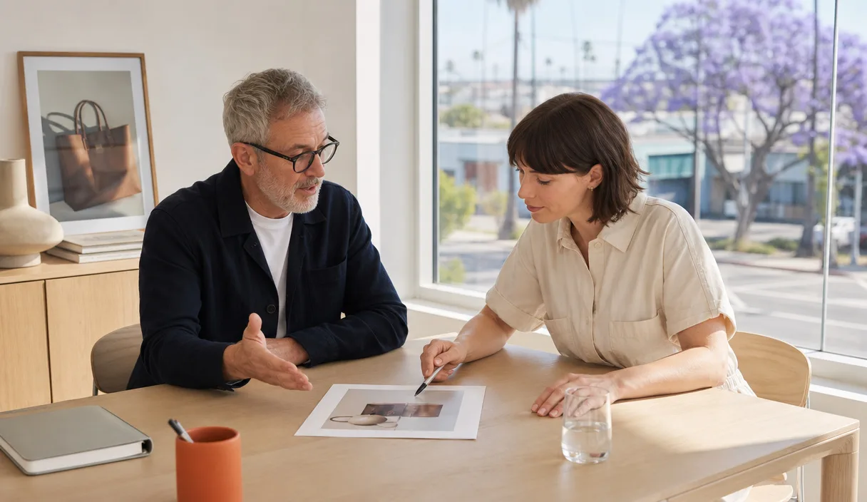 An SEO consultant walking a Los Angeles business owner through a printed audit at a sunlit table