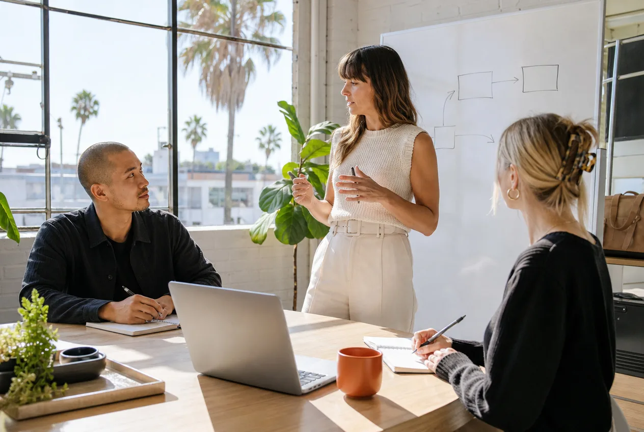 A small team planning a local SEO campaign in a bright Los Angeles studio, palm trees visible through the window