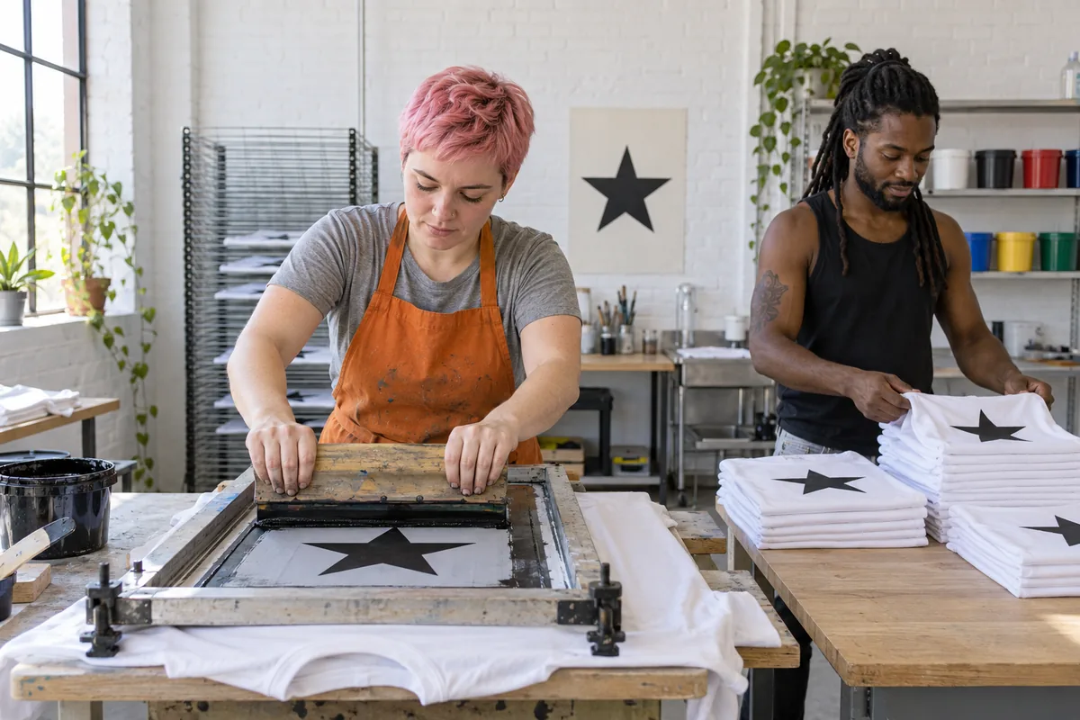A printer in an orange apron pulling a squeegee across a screen to print a star on a white T-shirt while a man folds finished shirts