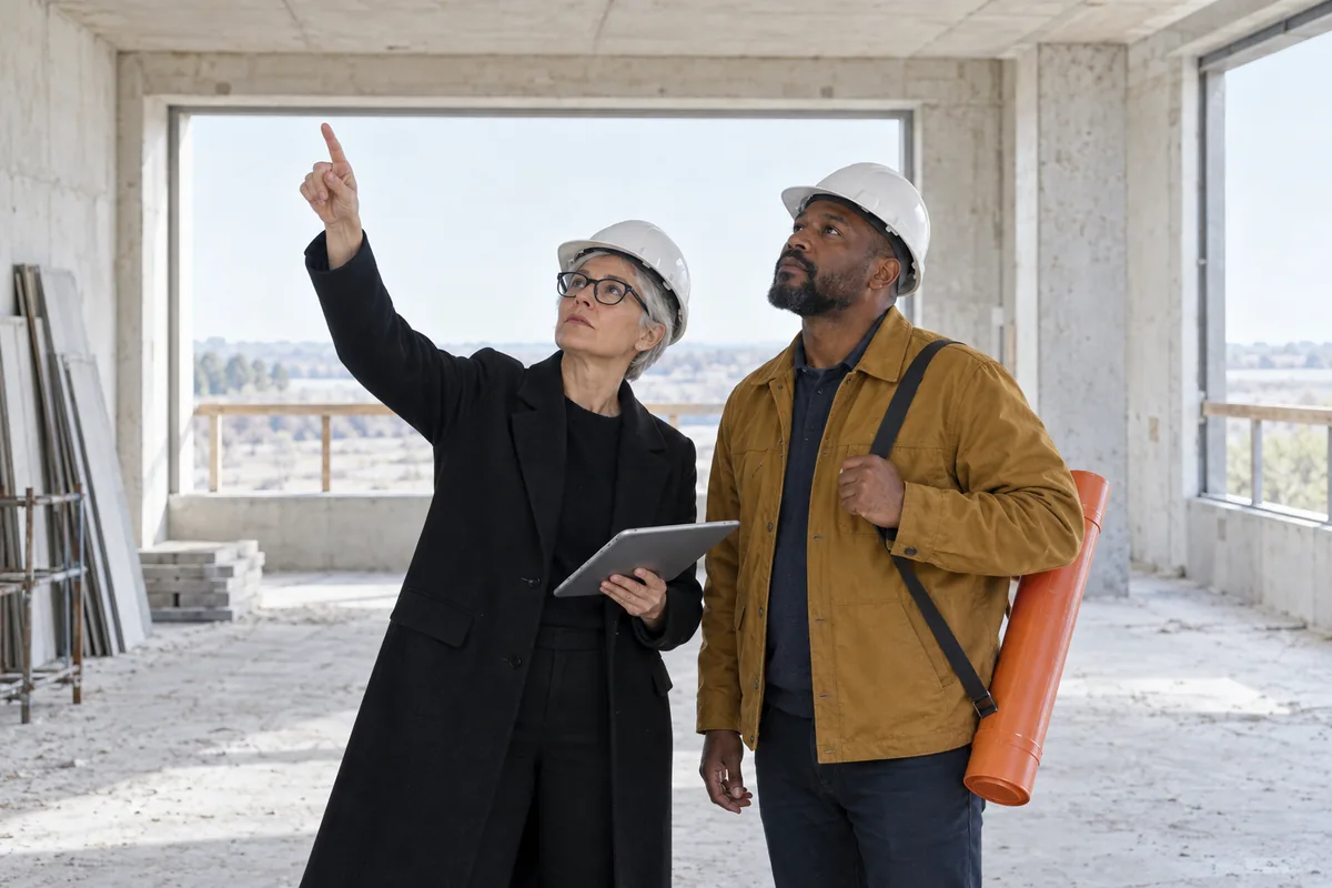 An architect in a white hard hat pointing at the ceiling of a bare concrete building shell beside a contractor carrying an orange drawing tube