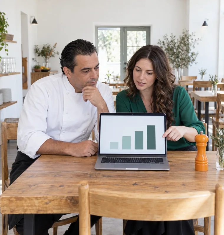 A chef and a woman seated at a restaurant table looking at a laptop that shows four plain bars rising from left to right