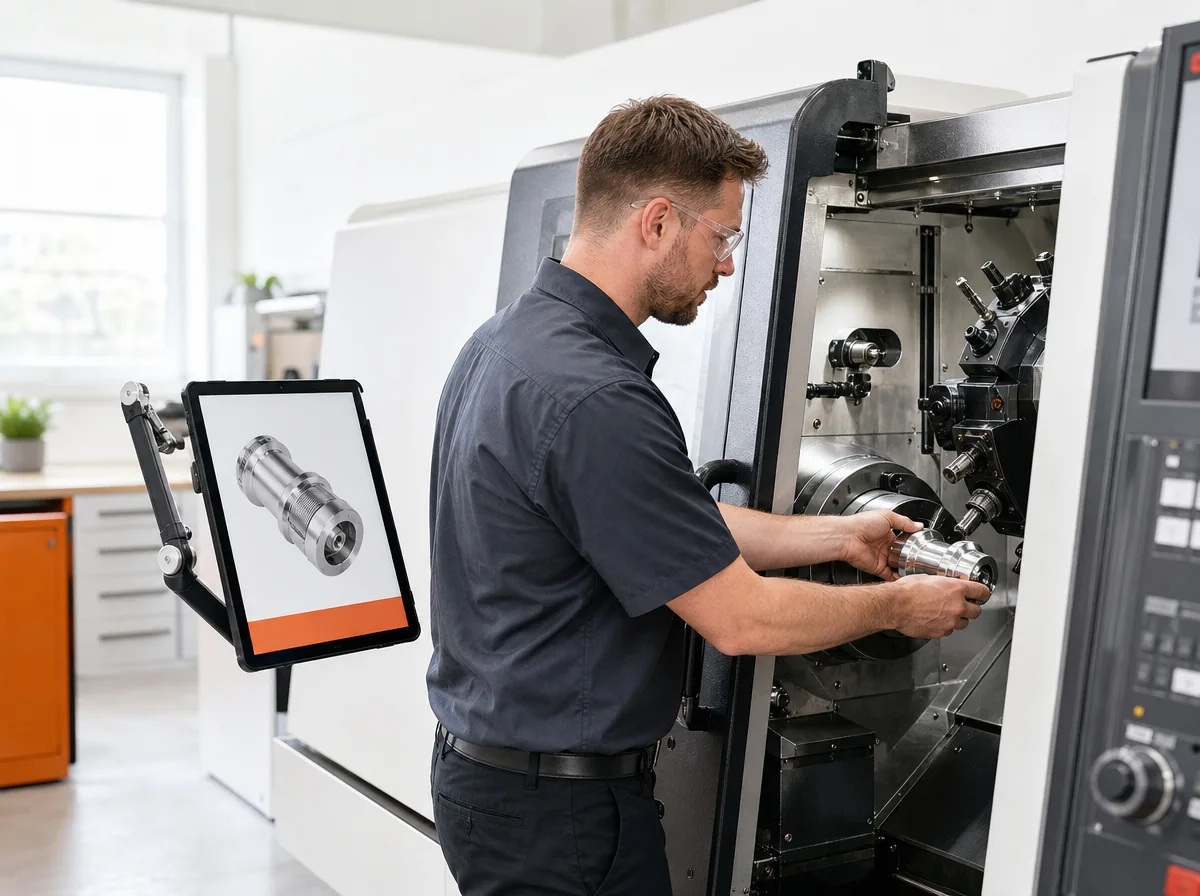 A machinist in safety glasses loading a metal part into a CNC lathe beside a tablet showing the part