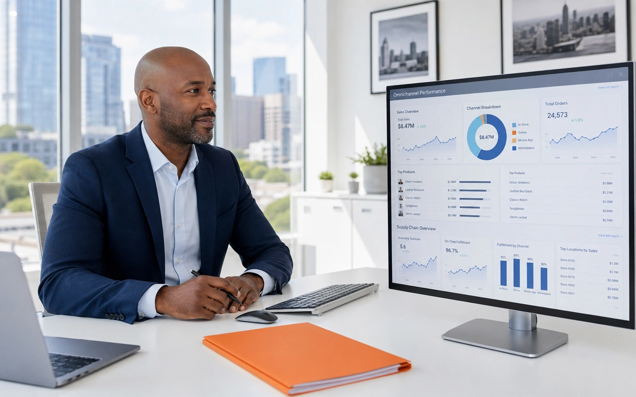 A man in a blazer at a desk beside a monitor of charts, city towers through the window