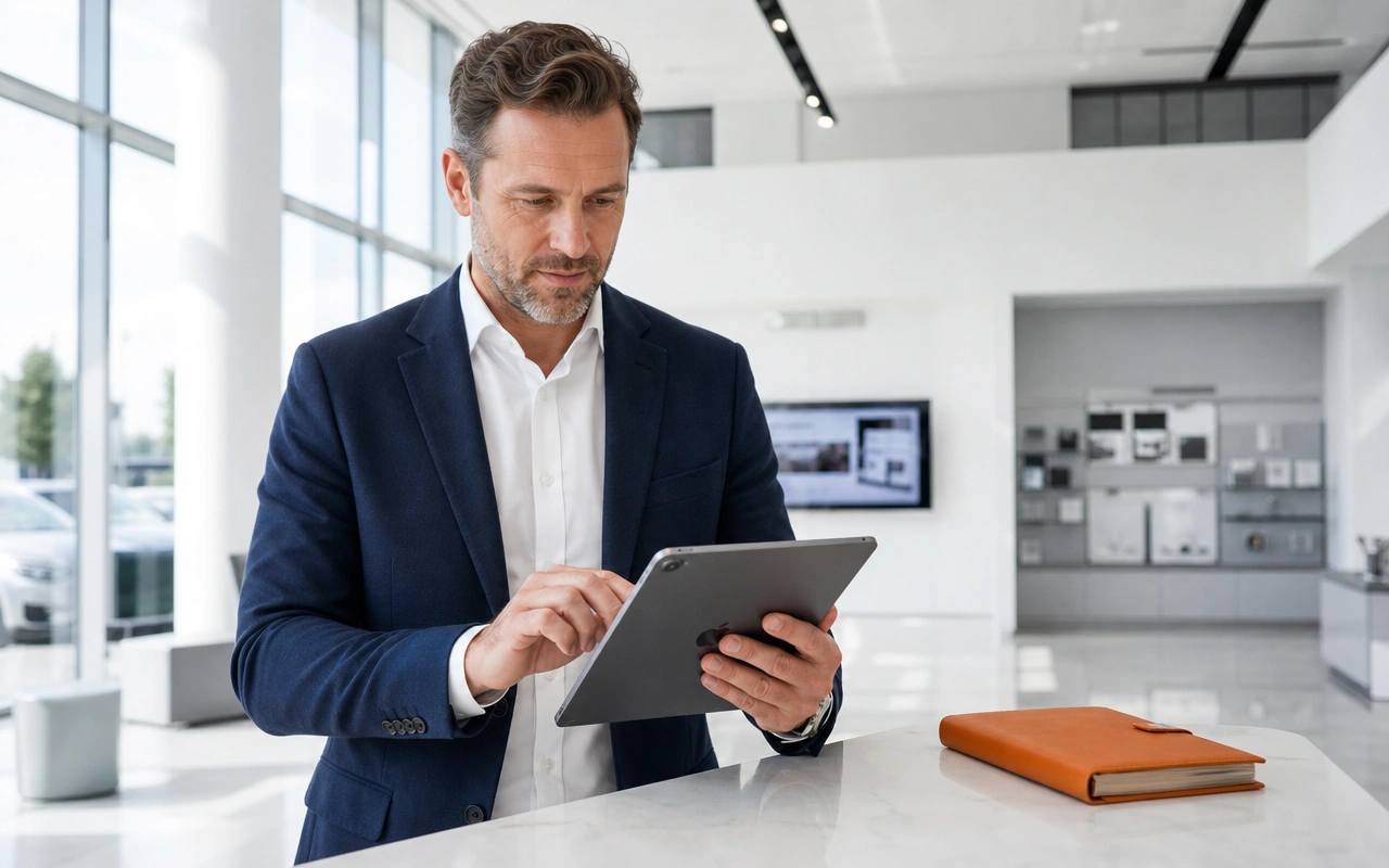 A man in a blazer tapping a tablet in a bright white showroom