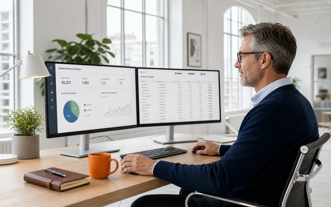 A man at a desk with two monitors showing inventory dashboards