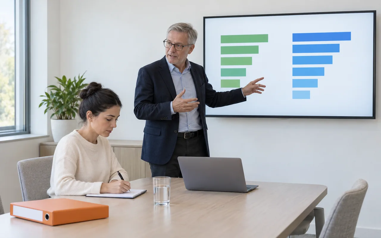 A man standing beside a wall screen that shows two columns of coloured bars while a woman writes on a pad at the table