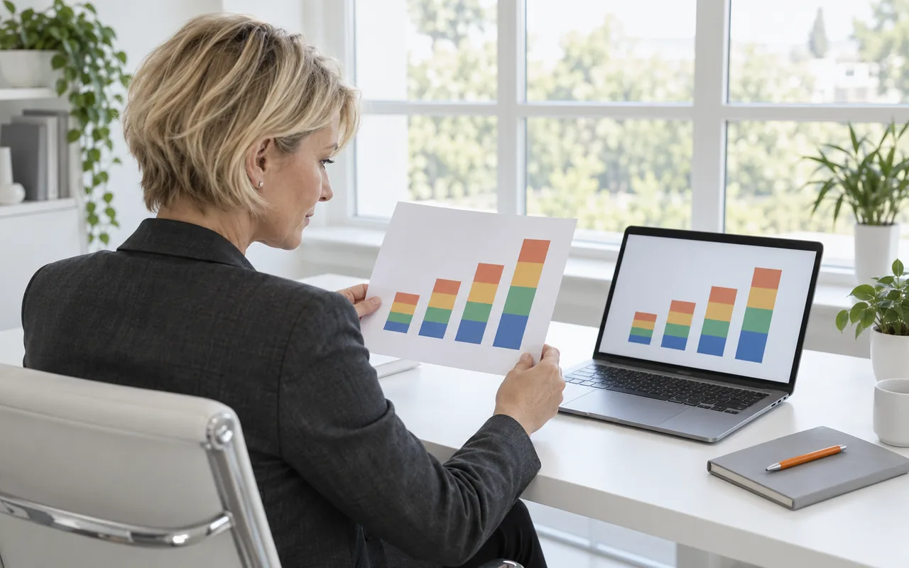 A woman at a white desk holding a printed bar chart beside a laptop that shows the same chart