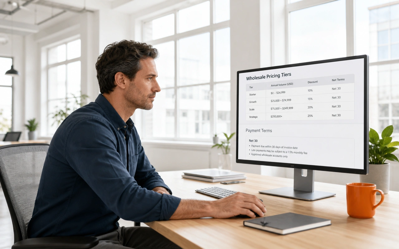A man at a desk viewing a wholesale pricing table on a monitor