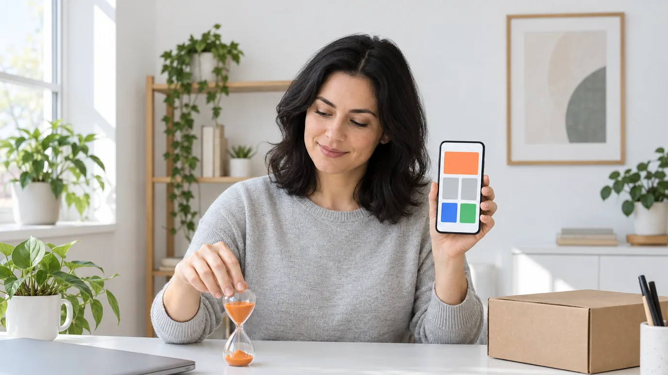 A woman holding a phone that shows a shop page of coloured blocks while turning over a small orange sand timer on a white desk