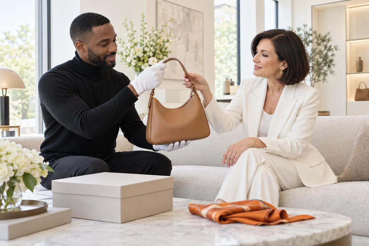 A sales adviser in white gloves presenting a plain tan leather handbag to a woman in a white suit seated on a sofa in a private showroom