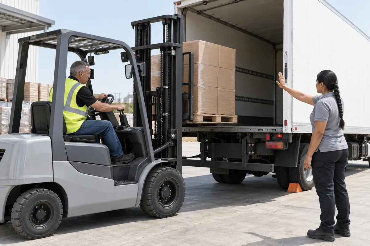 A forklift driver lifting a pallet of plain boxes into a plain white truck at a loading bay while a woman guides him with a raised hand