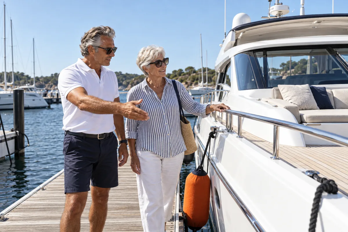 A yacht broker in a white polo shirt showing a moored white motor yacht to a woman in sunglasses on a marina pontoon