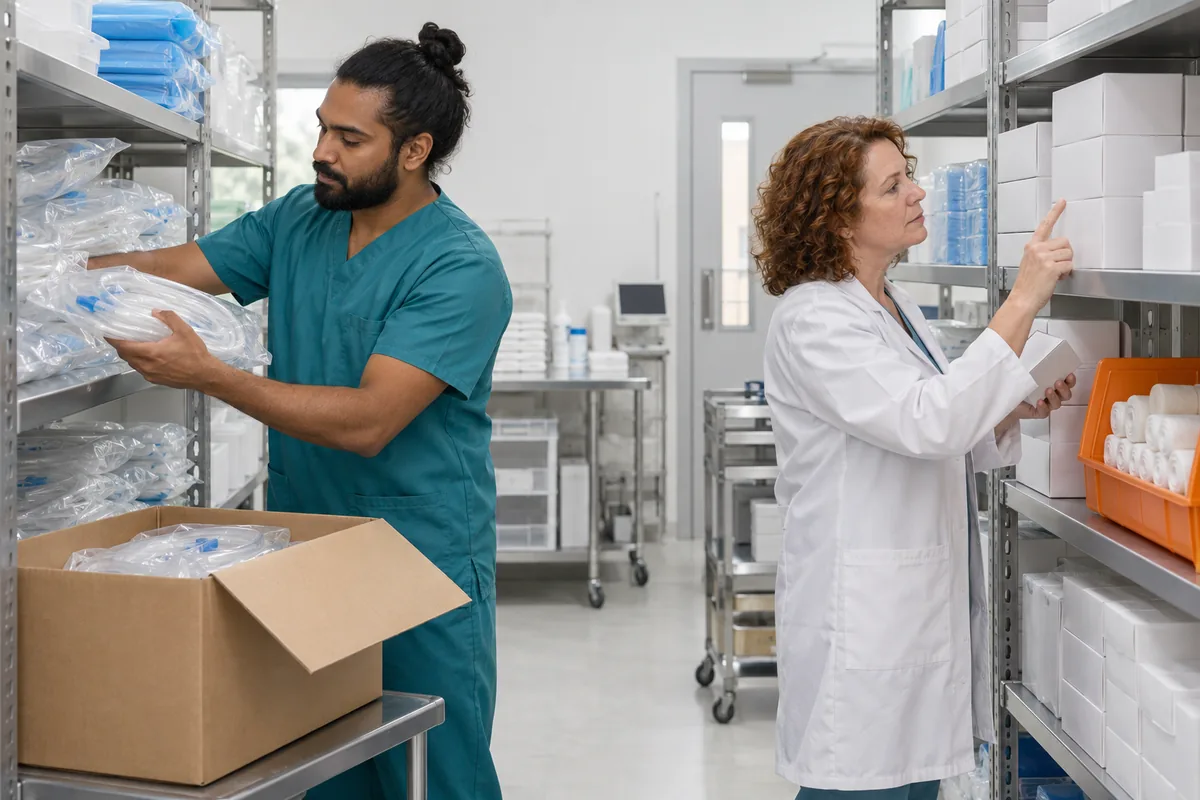A man in teal scrubs stocking sealed pouches of tubing on steel shelves while a woman in a lab coat counts plain white boxes in a supply room