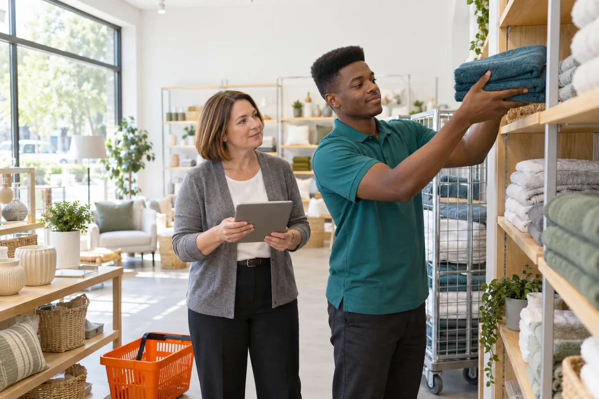 A shop assistant moving folded towels from a stock cage onto a shelf while a manager holding a tablet stands beside him in a bright shop