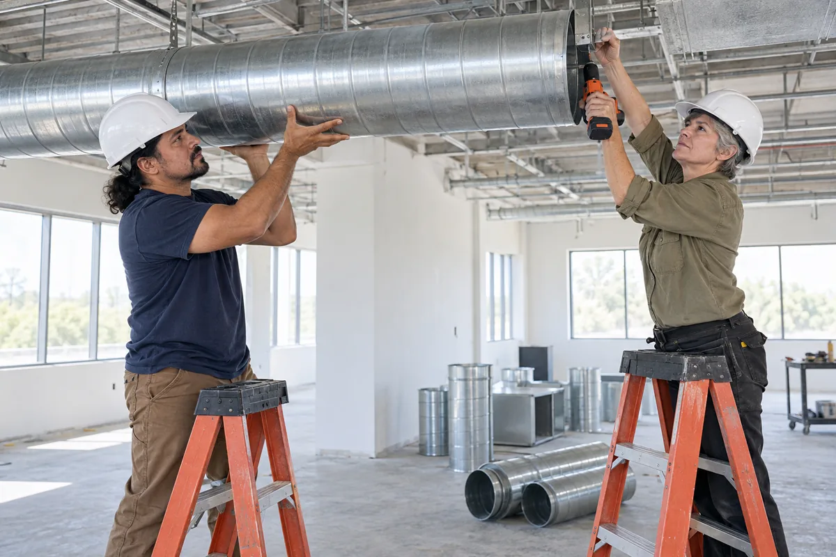 Two installers on stepladders fitting a round silver duct to ceiling hangers, one holding it up while the other fixes a bracket with an orange drill