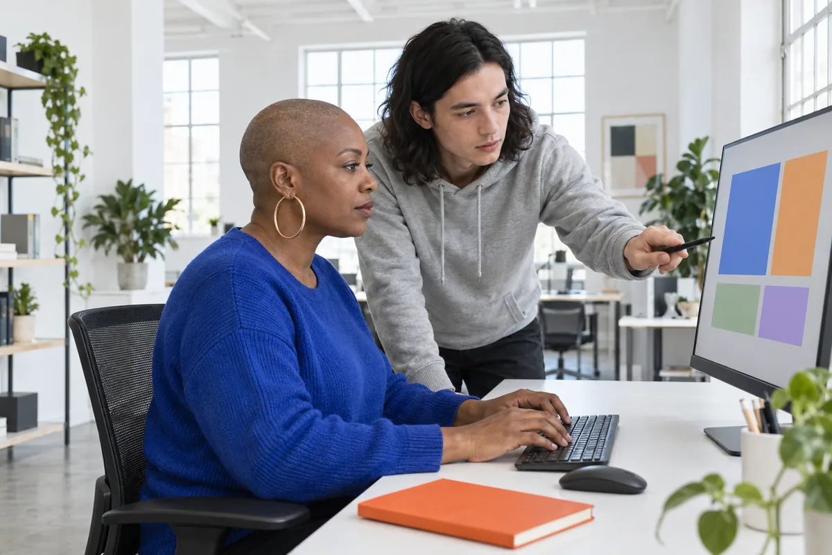 Two software engineers at a desk, a woman typing at a monitor of simple blocks while a man in a hoodie points at the screen