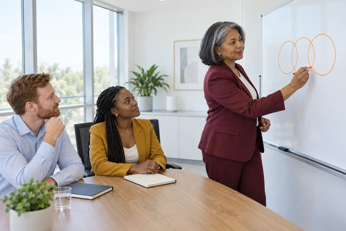 A manager in a burgundy suit drawing linked circles on a whiteboard with an orange marker while two colleagues watch from a meeting table