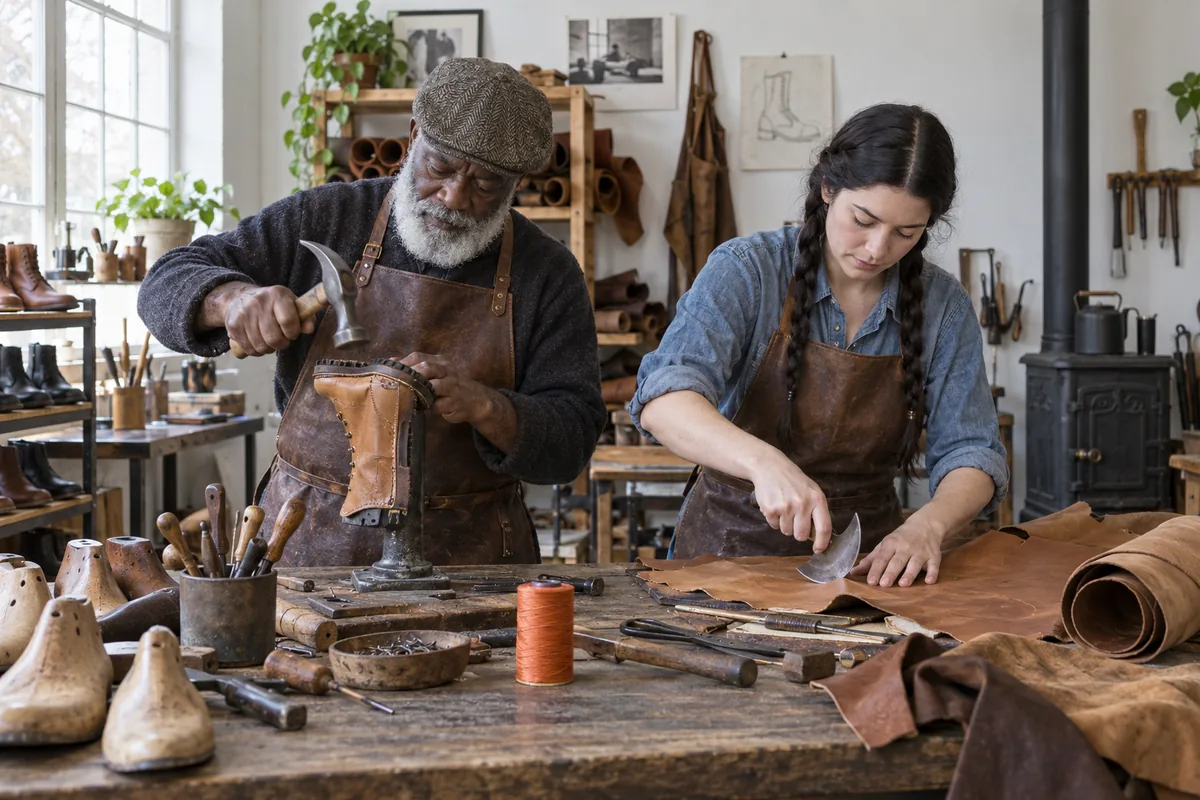 A bootmaker in a leather apron hammering the sole of a tan boot on an iron last while a woman cuts leather at the same workbench