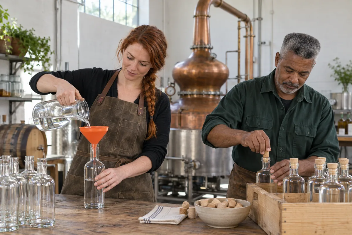 A distiller pouring clear spirit through an orange funnel into a plain bottle while a man corks filled bottles beside a copper pot still